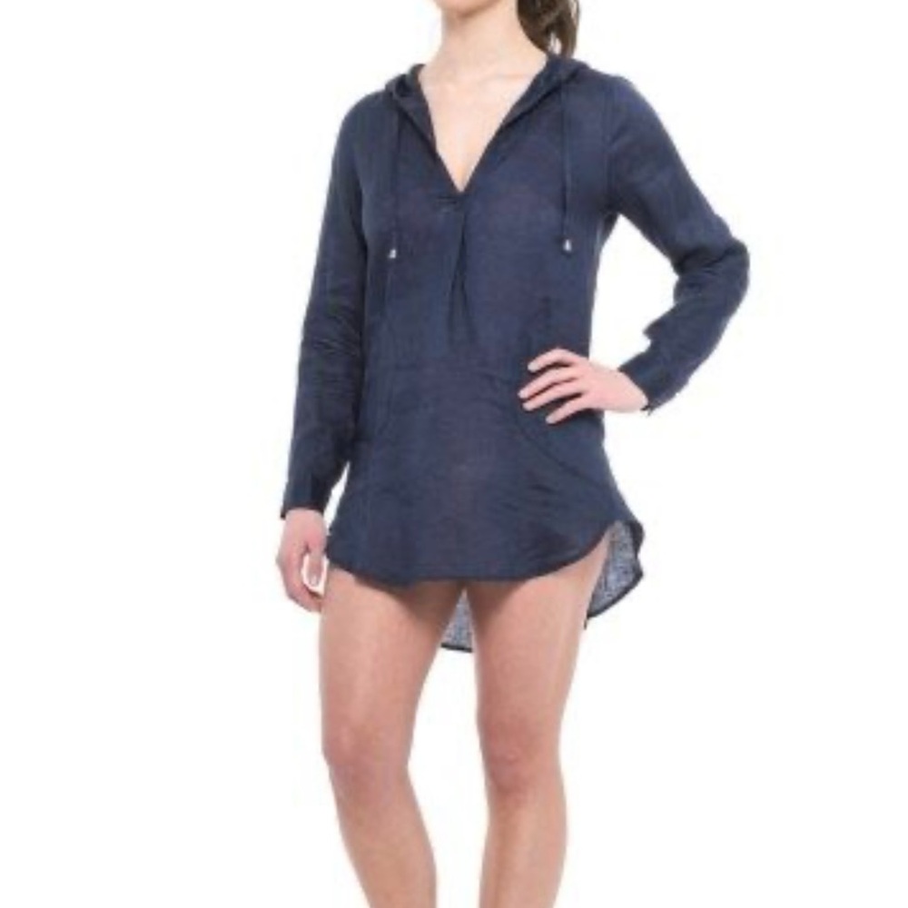 ForCynthia Beachwear Navy 100% Linen Hoodie Coverup Size S